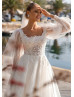 Detachable Long Sleeves Beaded Ivory Lace Glitter Tulle Wedding Dress